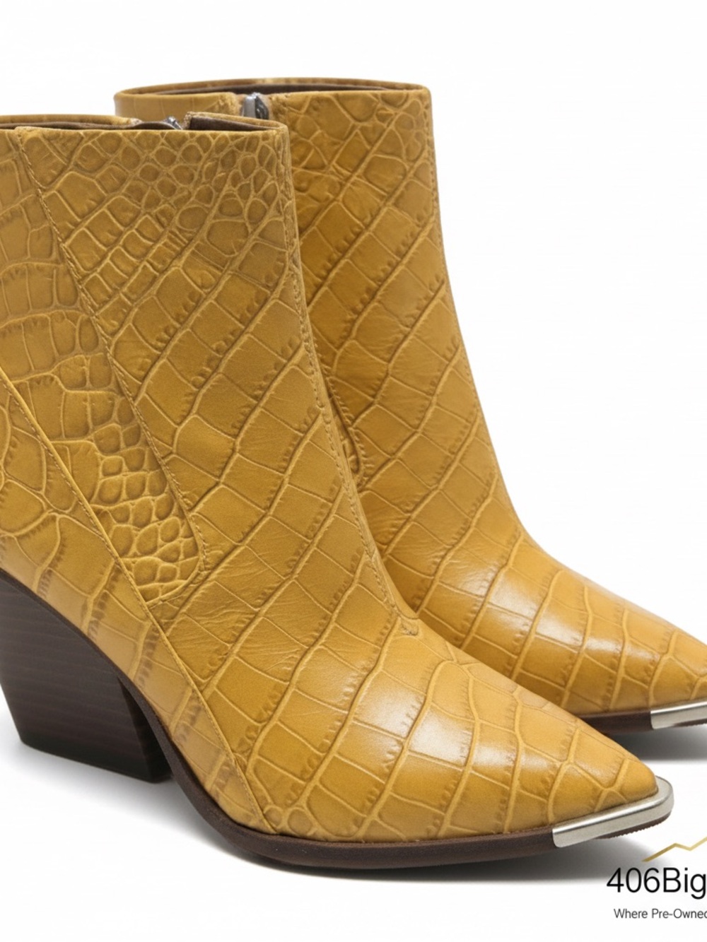 Vince Camuto Mustard Croc-Embossed Pointed Toe Ankle Boots